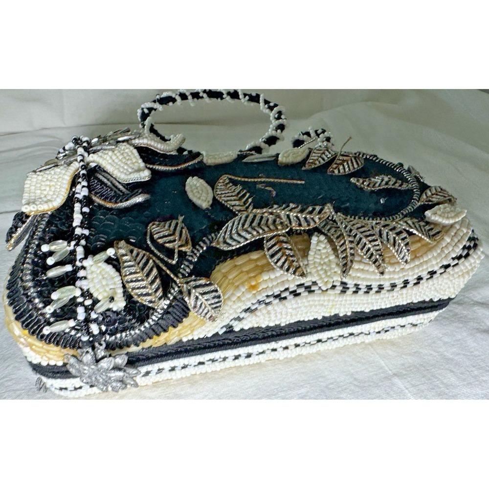 Vintage Mary Frances Beaded Mini Handbag Black White Floral Evening Purse Y2K - Picture 6 of 16
